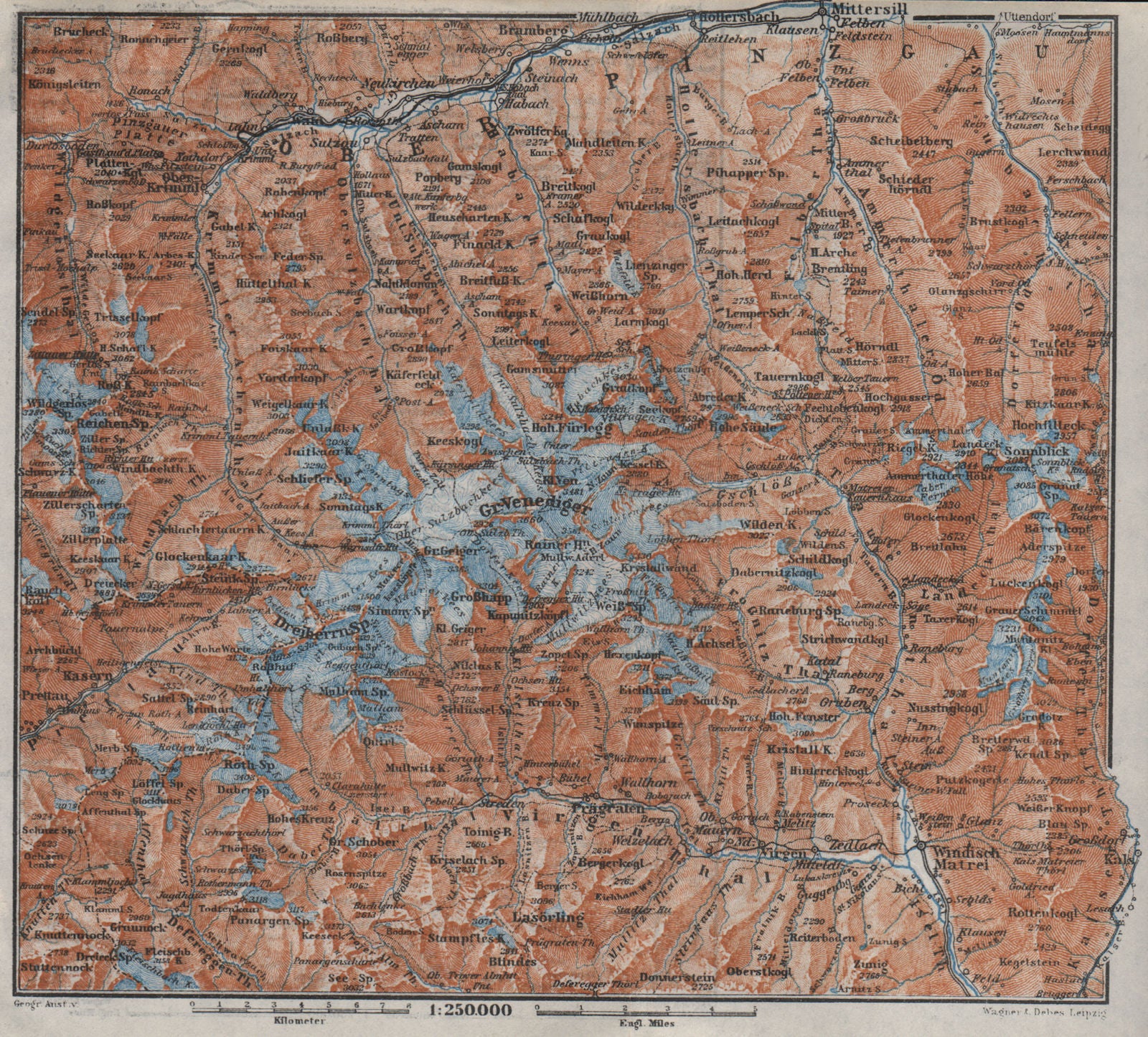 VENEDIGERGRUPPE. OBERPINZGAU. HOHE TAUERN. Mittersill Prägraten  karte 1923 map